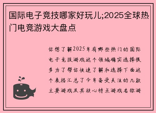 国际电子竞技哪家好玩儿;2025全球热门电竞游戏大盘点